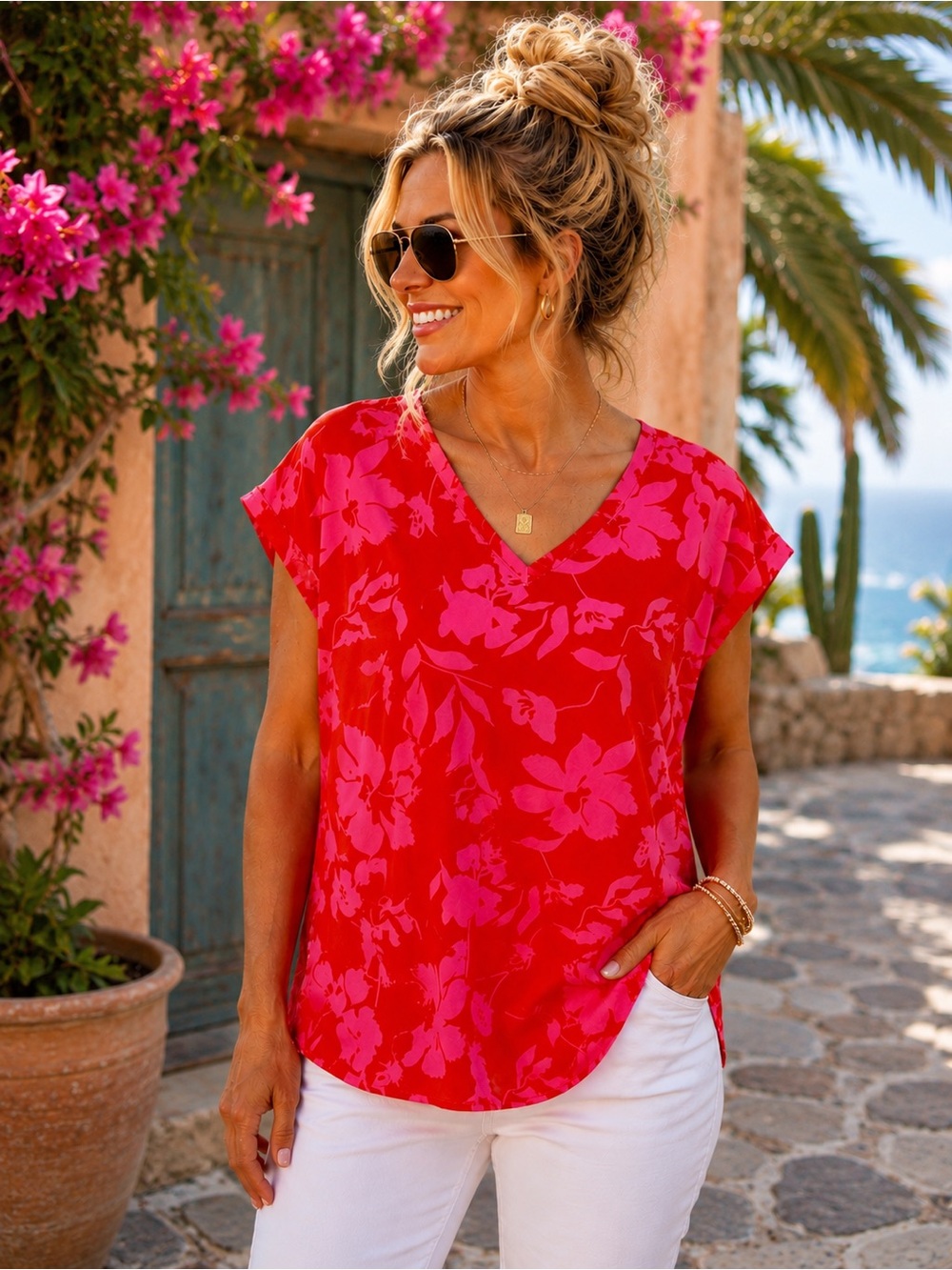 Jodifl Tropical Floral Blouse Size Small Pink Coral Resort Vacation Top